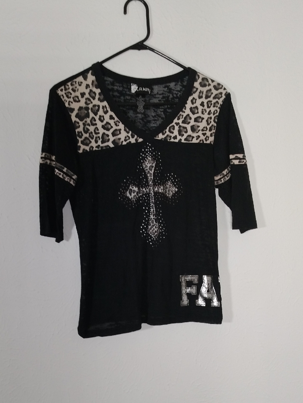 Shear Black Cross Tee with Leopard Trim And Silver Faith